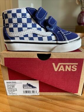 Vans Toddler Mid-Top Checkerboard Blue & White Velcro Sneakers